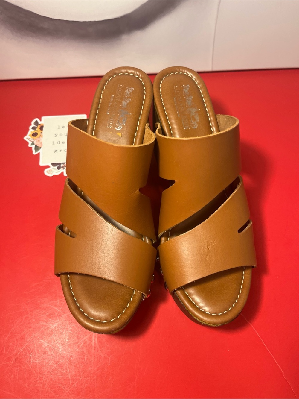 Women's Coach Tan Slide Sandals - Leather Upper